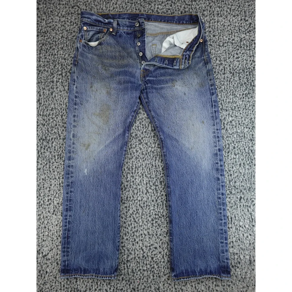Levis 501 Jeans‎ Mens 36x30 Blue Distressed Stained Straight Button Fly